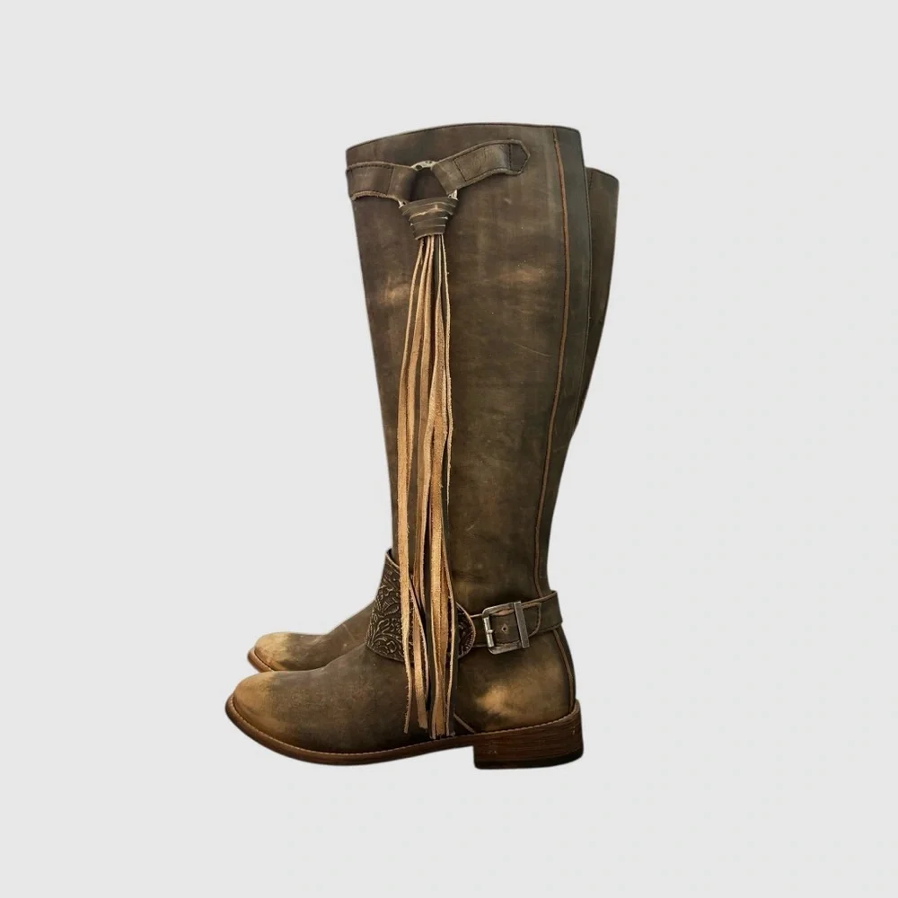 Very Volatile Rainstorm Knee High Tan Boots Tall Leather Boots With Fringe